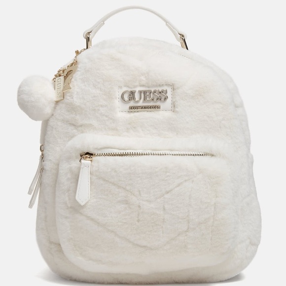 New Guess White Quilted Backpack with Pom-Pom Charm - Picture 1 of 5